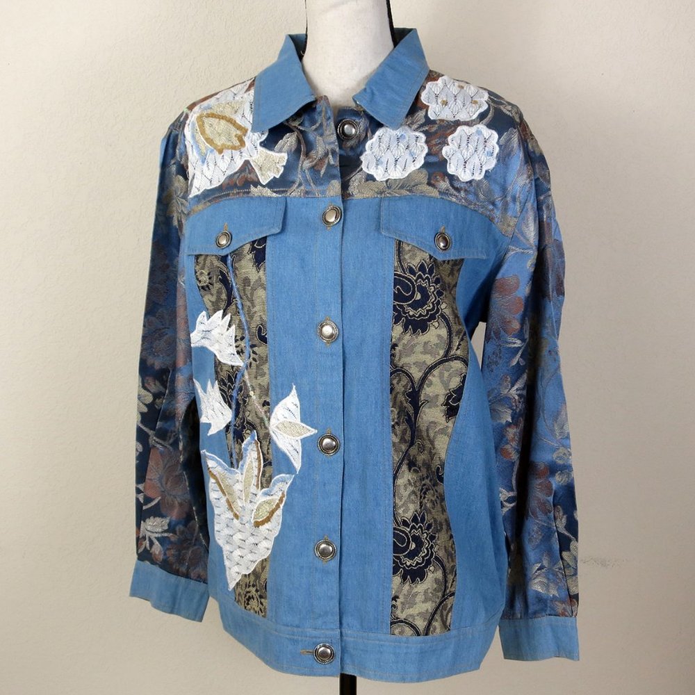 Denim Jacket With Floral Inlay Designs Size M